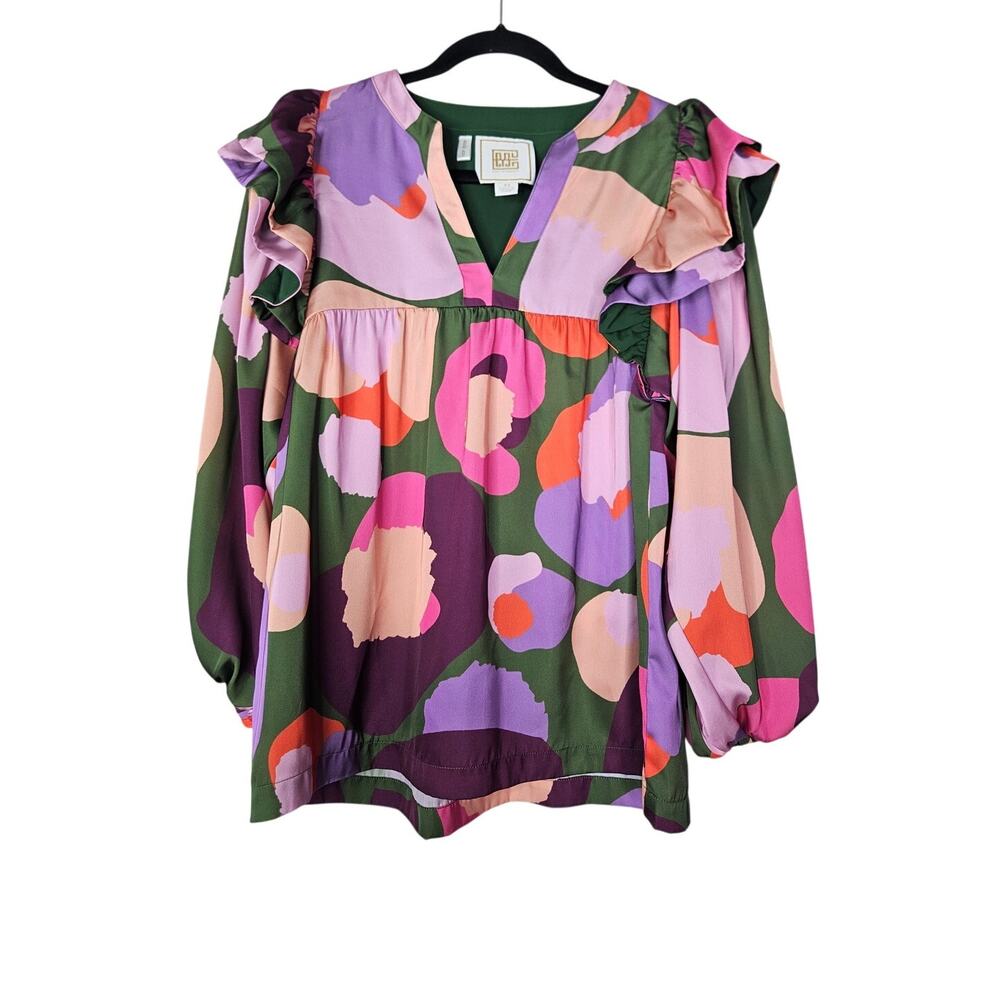 Emily McCarthy XS Preppy Blouse Top Casual Career Glam Ruffle Shoulder Abstract - Picture 1 of 4